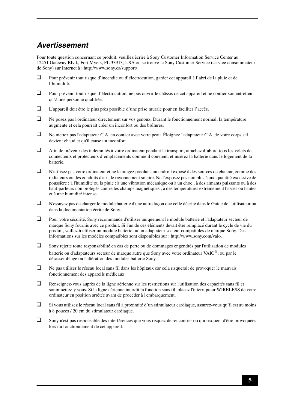 Avertissement | Sony VPCZ125GX User Manual | Page 5 / 24