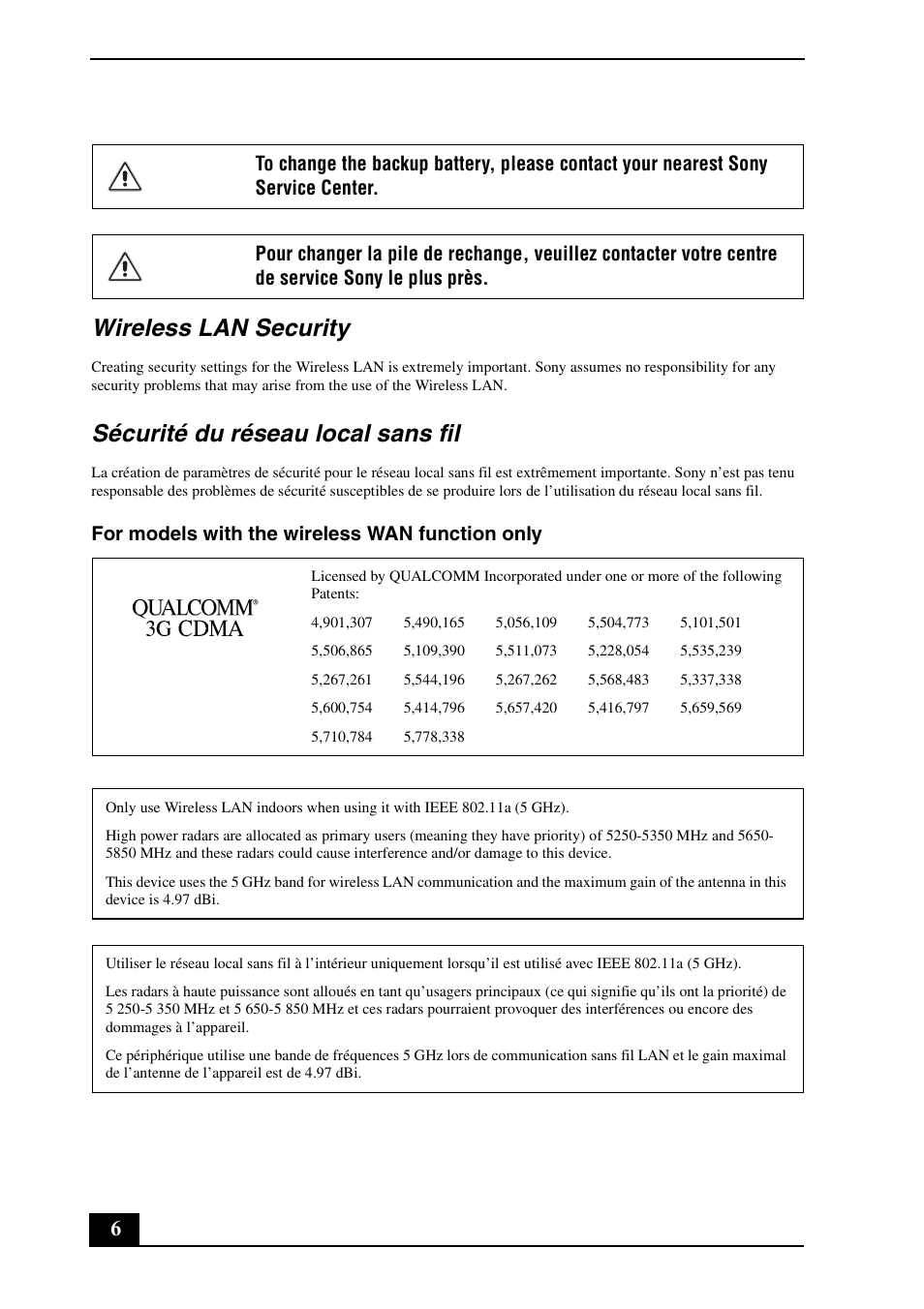 Wireless lan security, Sécurité du réseau local sans fil | Sony VPCZ125GX User Manual | Page 6 / 24