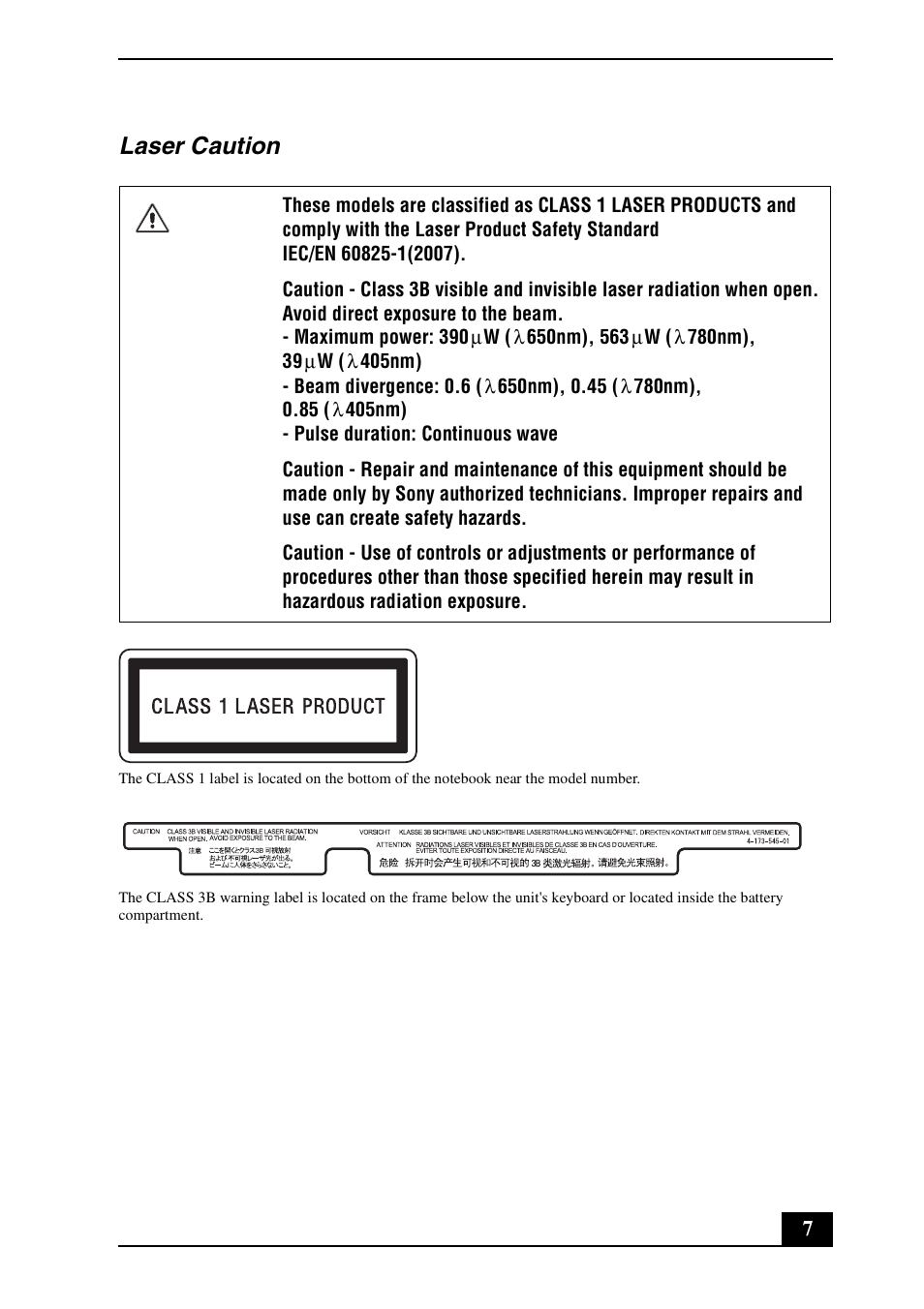 Laser caution | Sony VPCZ125GX User Manual | Page 7 / 24