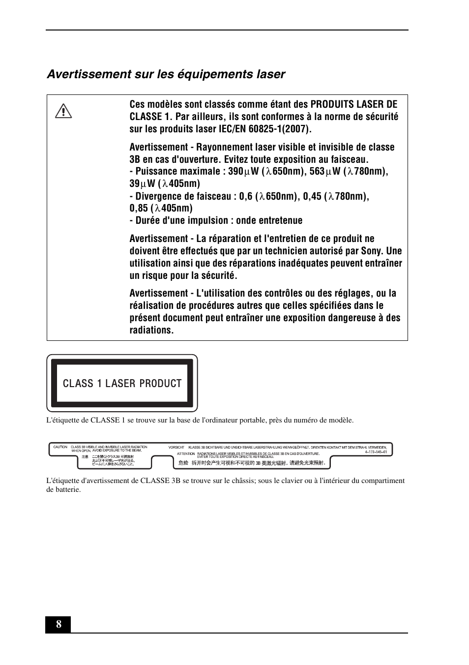 Avertissement sur les équipements laser | Sony VPCZ125GX User Manual | Page 8 / 24