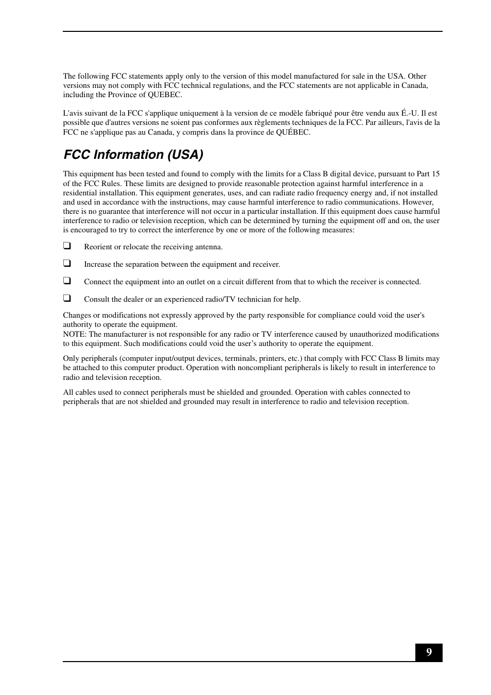 Fcc information (usa) | Sony VPCZ125GX User Manual | Page 9 / 24