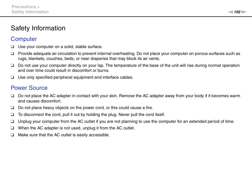 Safety information, Computer, Power source | Sony VPCCW2BFX User Manual | Page 102 / 161