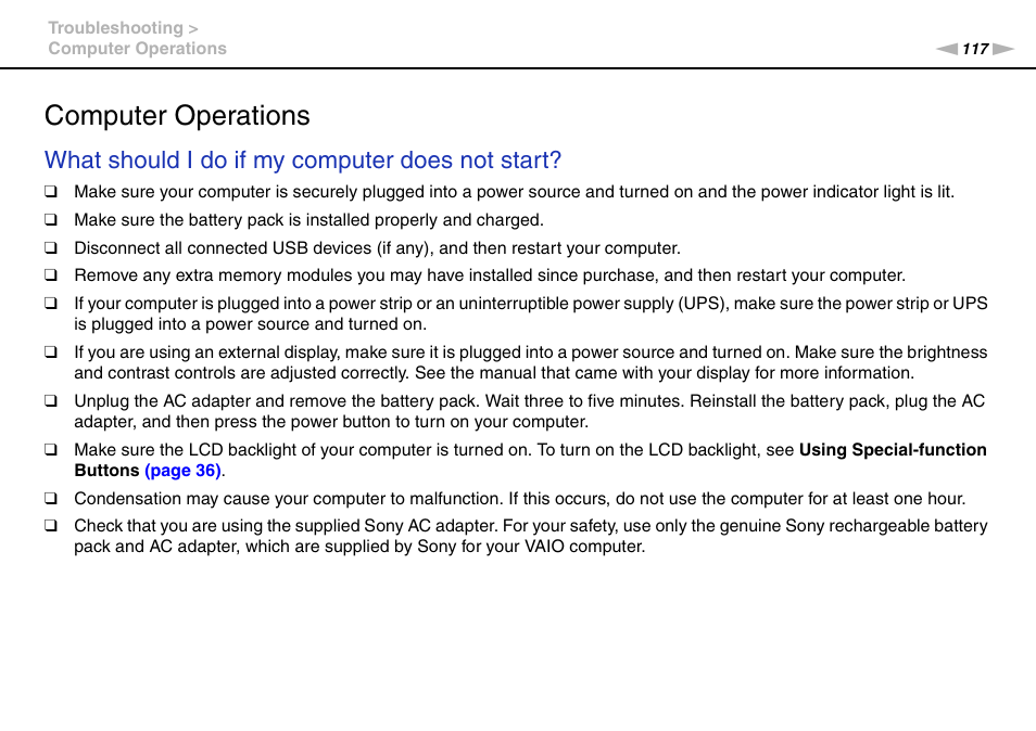 Computer operations, What should i do if my computer does not start | Sony VPCCW2BFX User Manual | Page 117 / 161