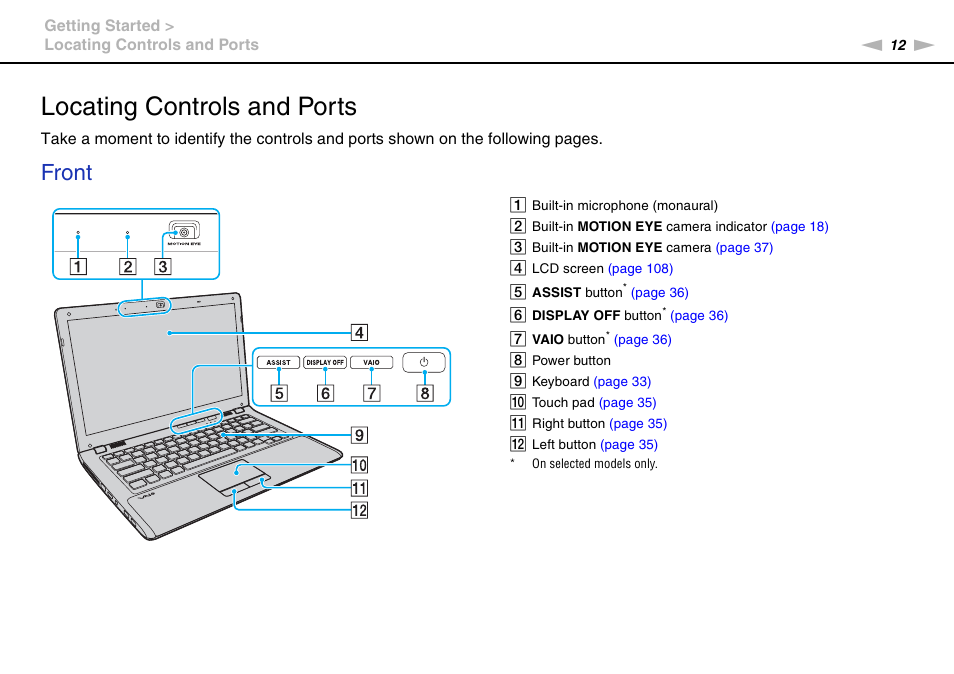 Locating controls and ports, Front | Sony VPCCW2BFX User Manual | Page 12 / 161