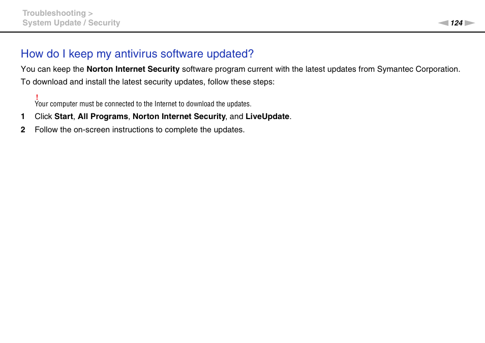 How do i keep my antivirus software updated | Sony VPCCW2BFX User Manual | Page 124 / 161
