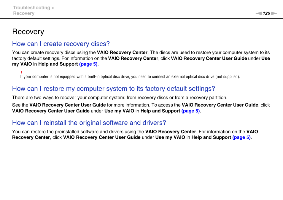 Recovery, How can i create recovery discs | Sony VPCCW2BFX User Manual | Page 125 / 161