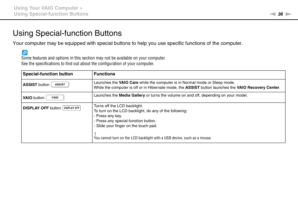 Using special-function buttons | Sony VPCCW2BFX User Manual | Page 36 / 161