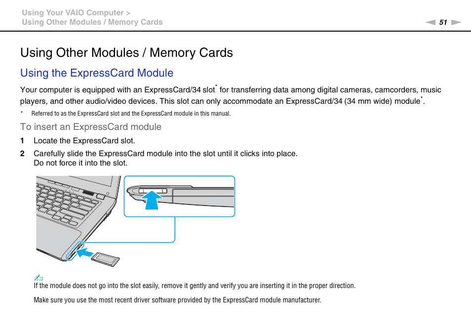 Using other modules / memory cards, Using the expresscard module | Sony VPCCW2BFX User Manual | Page 51 / 161