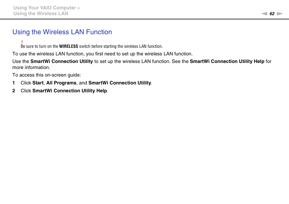 Using the wireless lan function | Sony VPCCW2BFX User Manual | Page 62 / 161