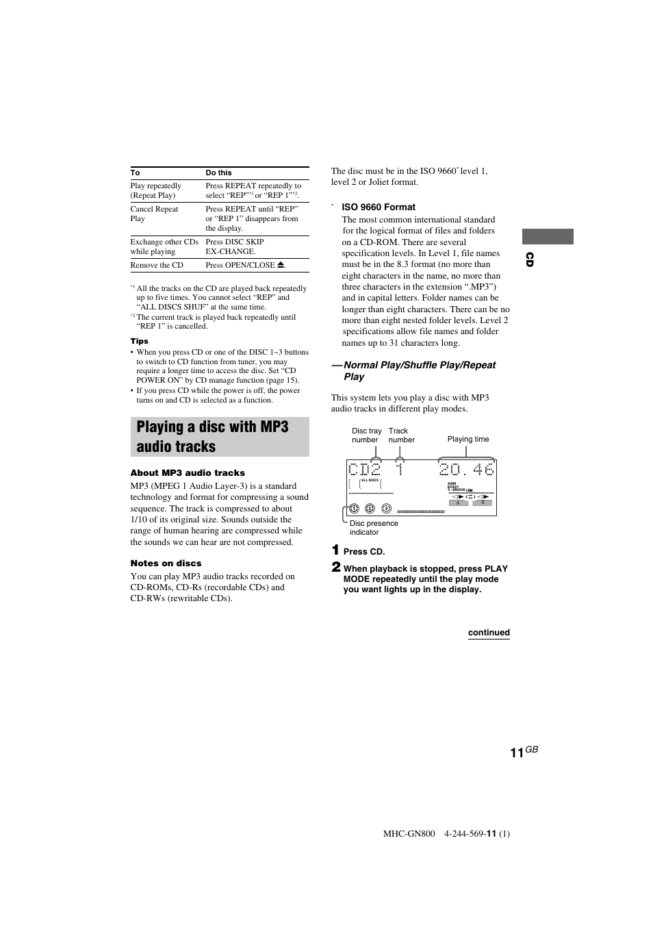 Playing a disc with mp3 audio tracks | Sony MHC-GX8800 User Manual | Page 11 / 36