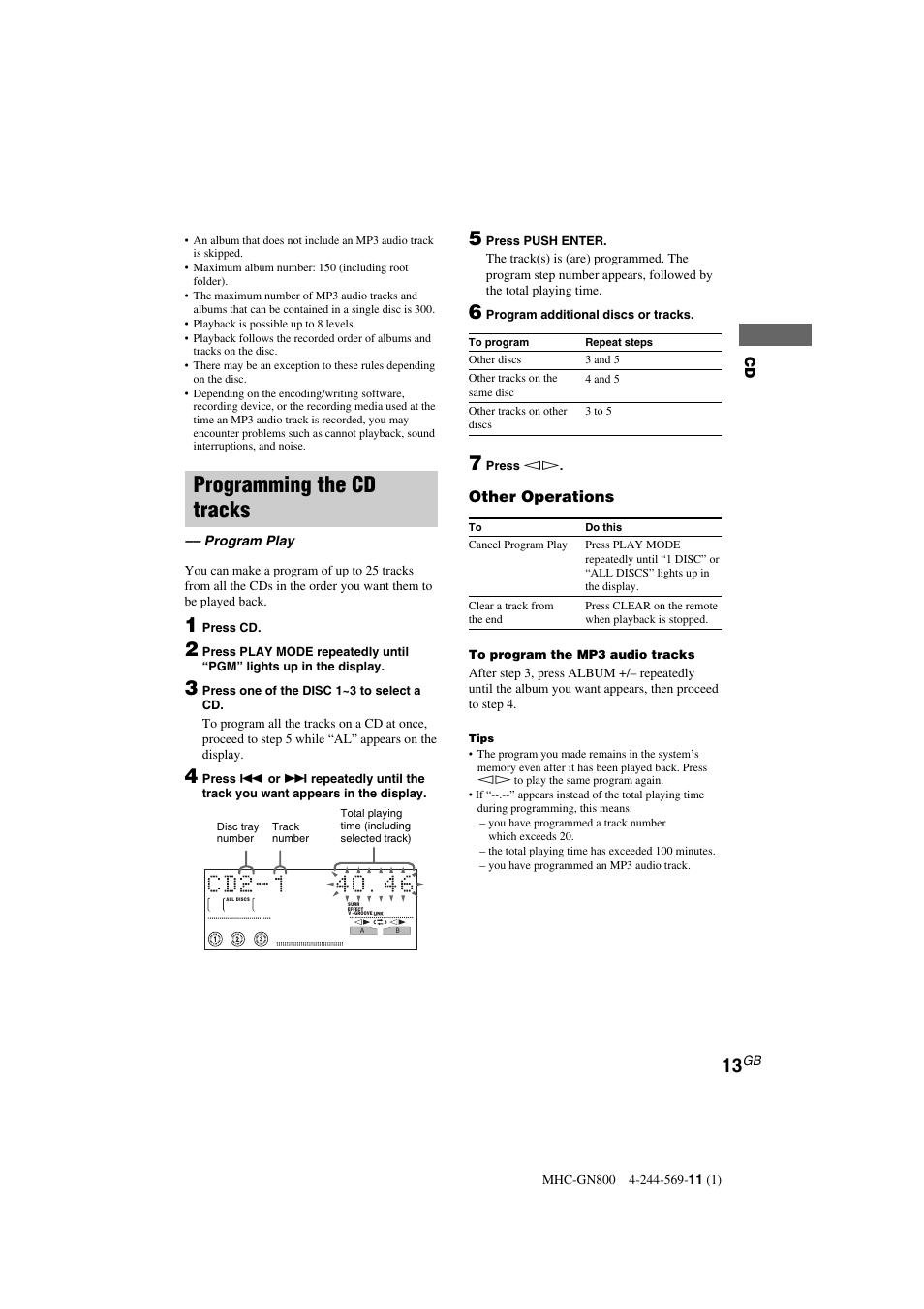 Programming the cd tracks, Other operations | Sony MHC-GX8800 User Manual | Page 13 / 36