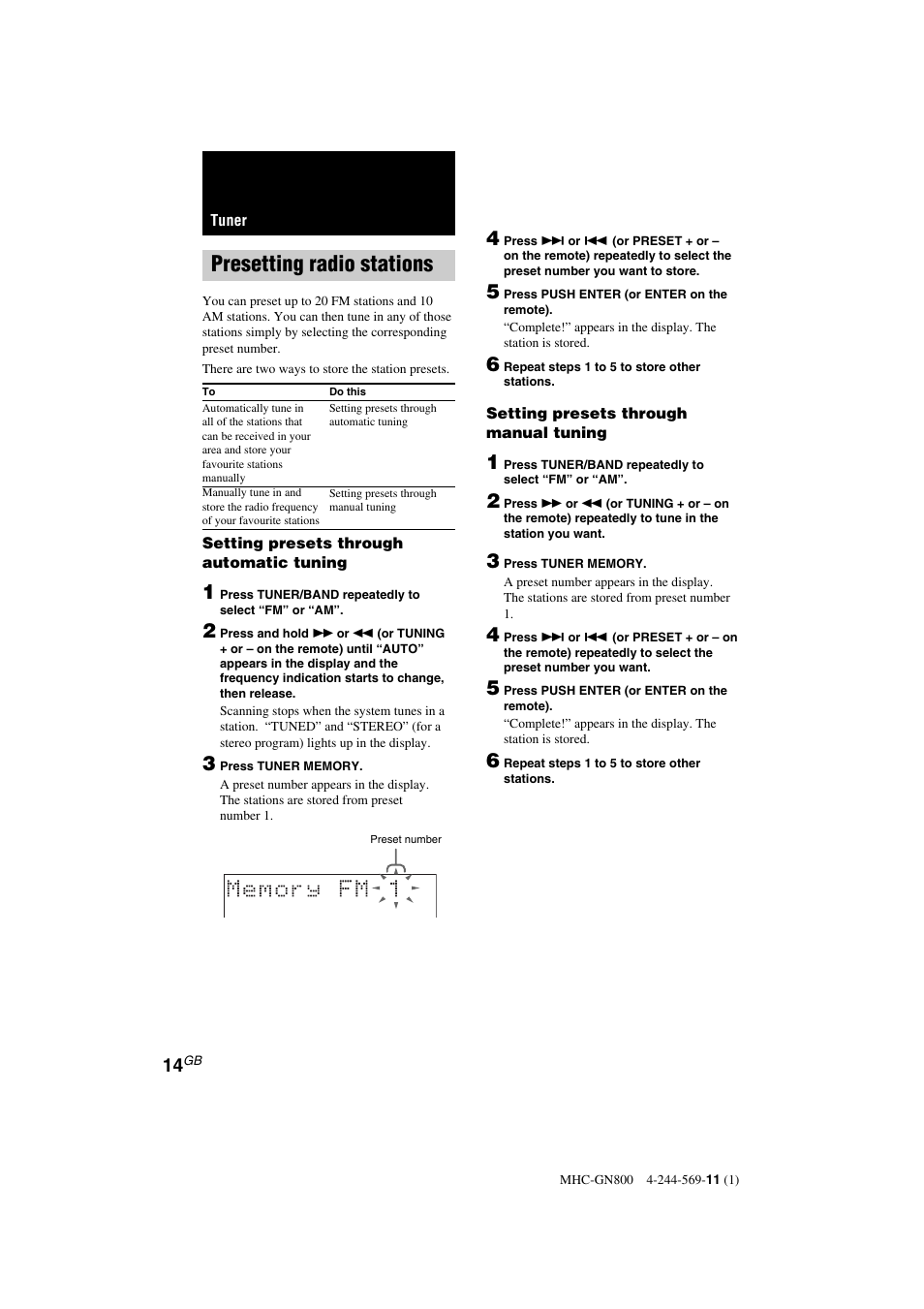 Presetting radio stations | Sony MHC-GX8800 User Manual | Page 14 / 36