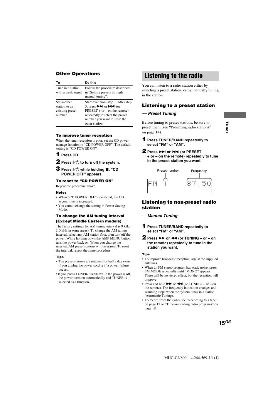 Listening to the radio | Sony MHC-GX8800 User Manual | Page 15 / 36