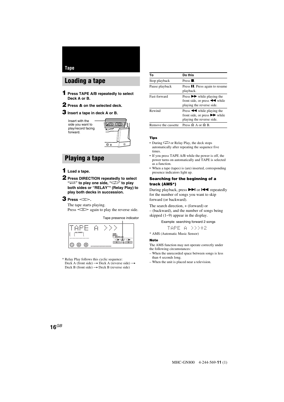 Loading a tape, Playing a tape, Tape | Sony MHC-GX8800 User Manual | Page 16 / 36