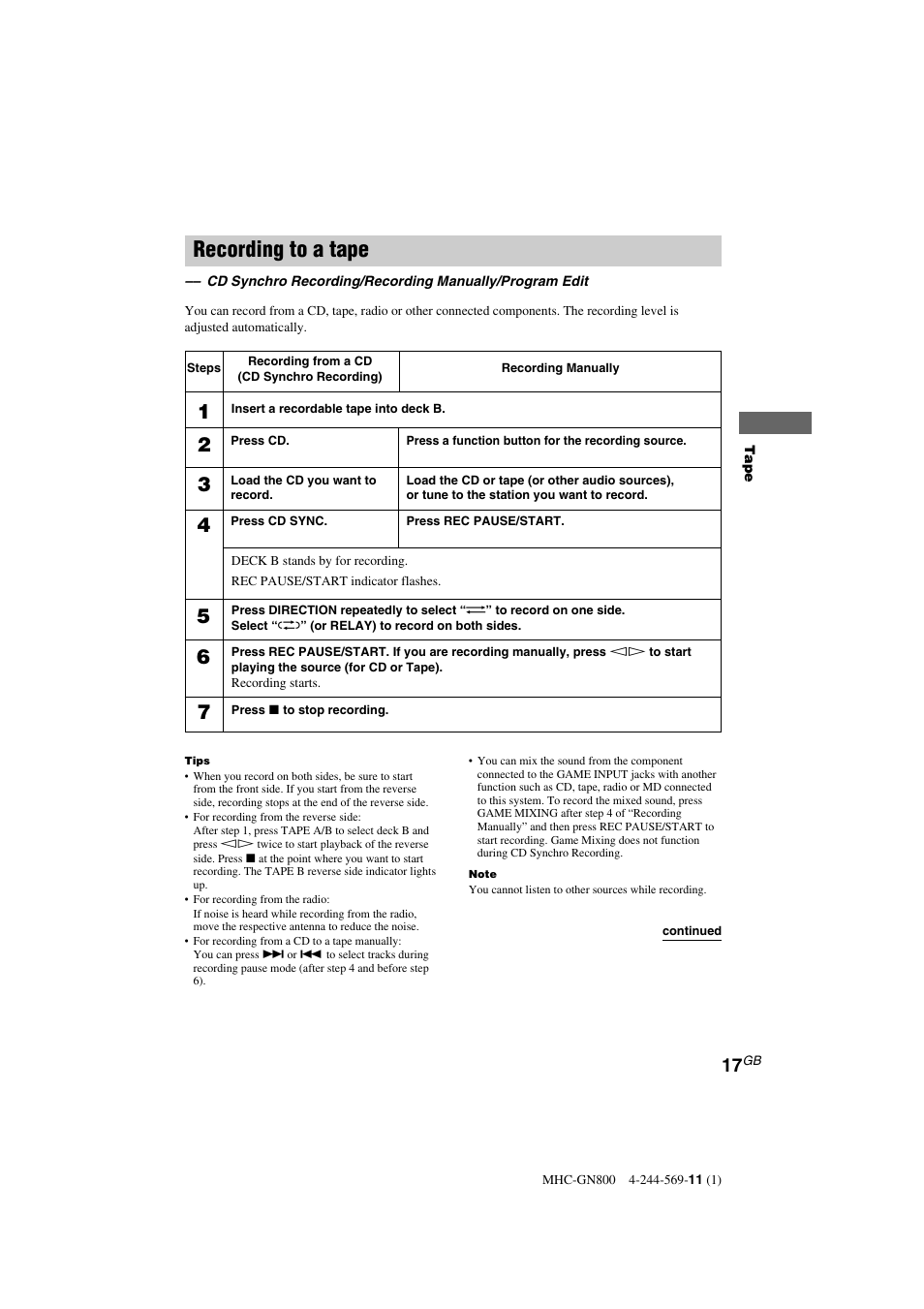 Recording to a tape | Sony MHC-GX8800 User Manual | Page 17 / 36