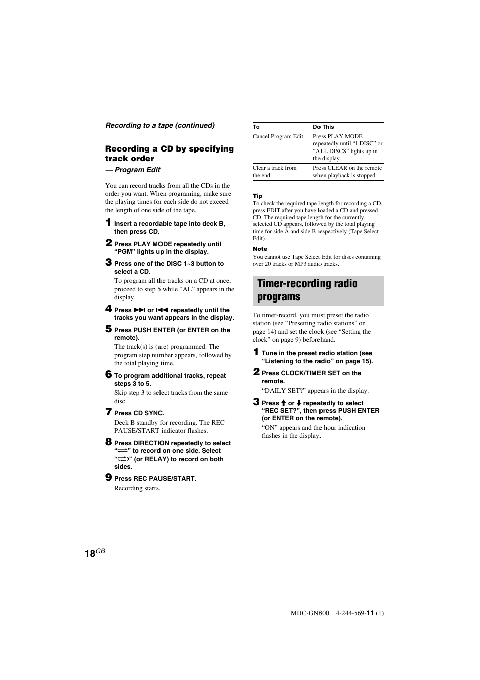 Timer-recording radio programs | Sony MHC-GX8800 User Manual | Page 18 / 36