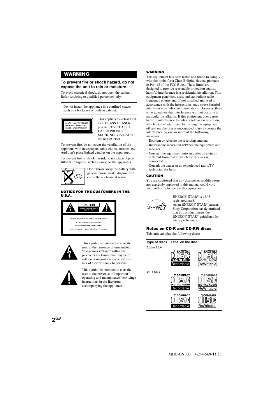 Warning | Sony MHC-GX8800 User Manual | Page 2 / 36