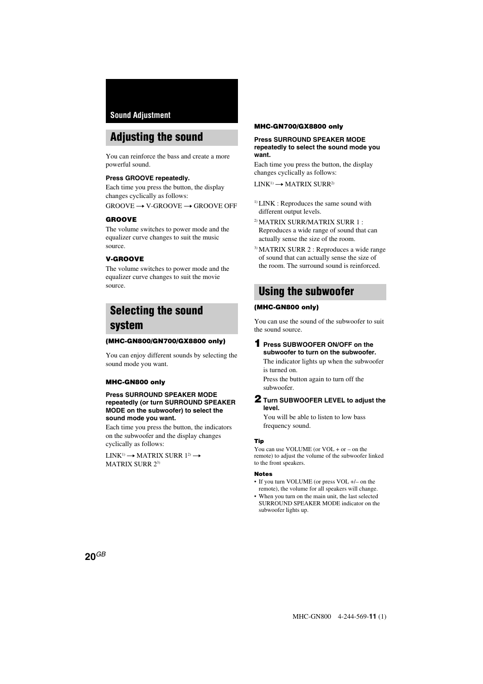 Adjusting the sound, Selecting the sound system, Using the subwoofer | Sony MHC-GX8800 User Manual | Page 20 / 36