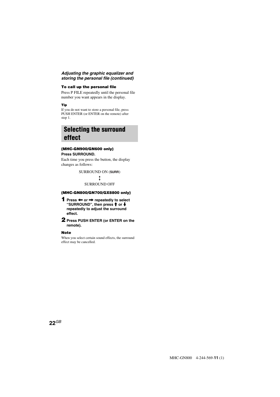 Selecting the surround effect | Sony MHC-GX8800 User Manual | Page 22 / 36