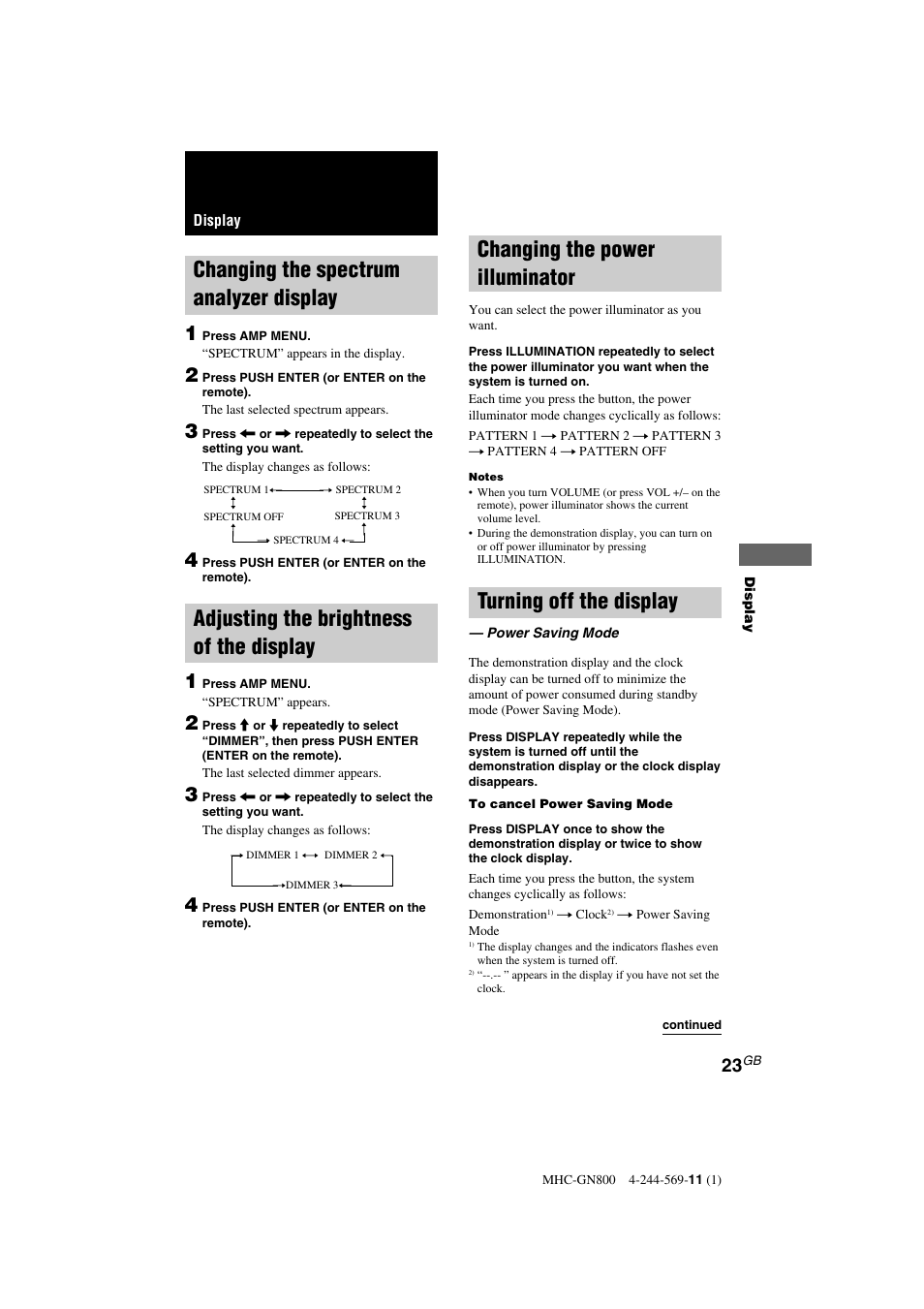 Changing the spectrum analyzer display, Adjusting the brightness of the display, Changing the power illuminator | Turning off the display | Sony MHC-GX8800 User Manual | Page 23 / 36