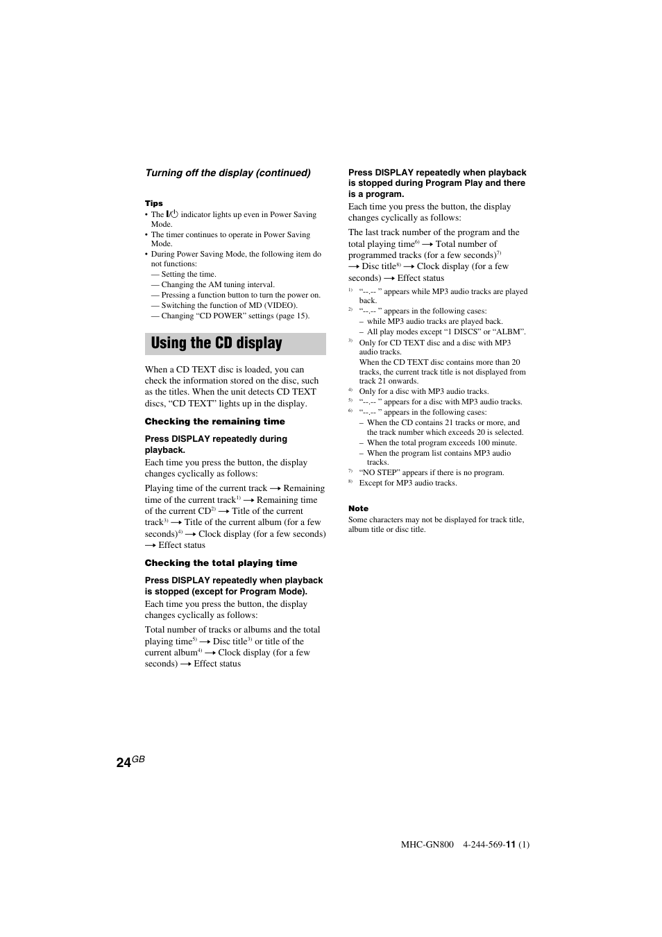 Using the cd display | Sony MHC-GX8800 User Manual | Page 24 / 36