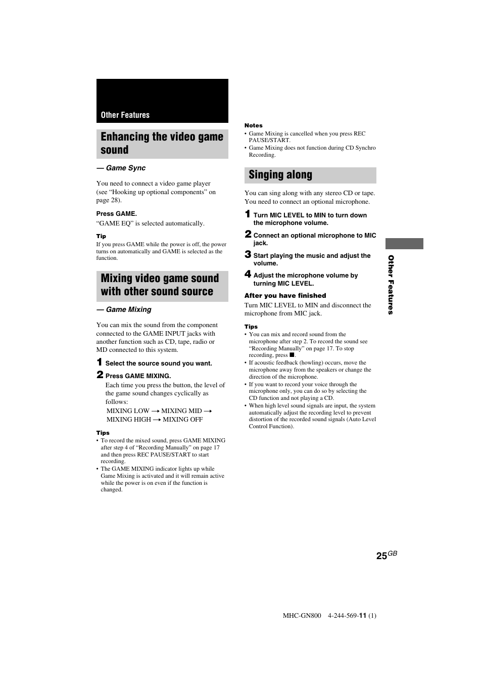 Enhancing the video game sound, Mixing video game sound with other sound source, Singing along | Sony MHC-GX8800 User Manual | Page 25 / 36