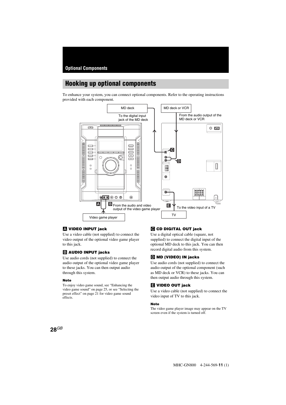 Hooking up optional components | Sony MHC-GX8800 User Manual | Page 28 / 36