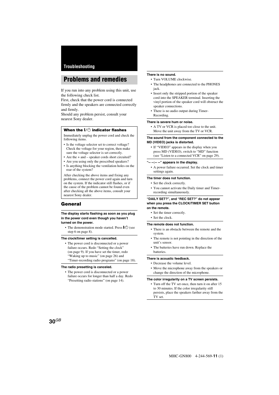 Problems and remedies, General, Troubleshooting | Sony MHC-GX8800 User Manual | Page 30 / 36