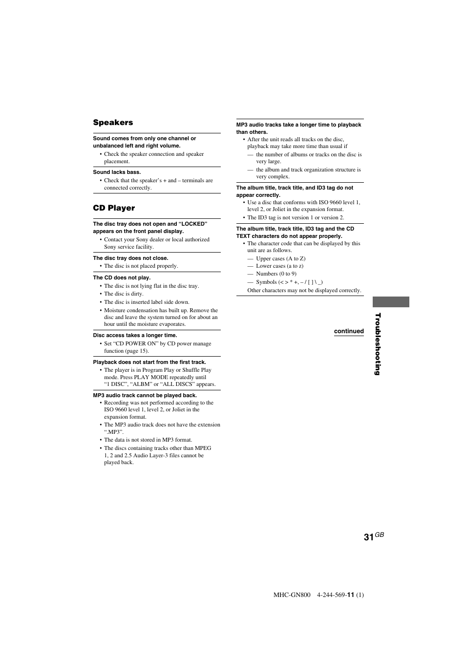 Speakers, Cd player | Sony MHC-GX8800 User Manual | Page 31 / 36