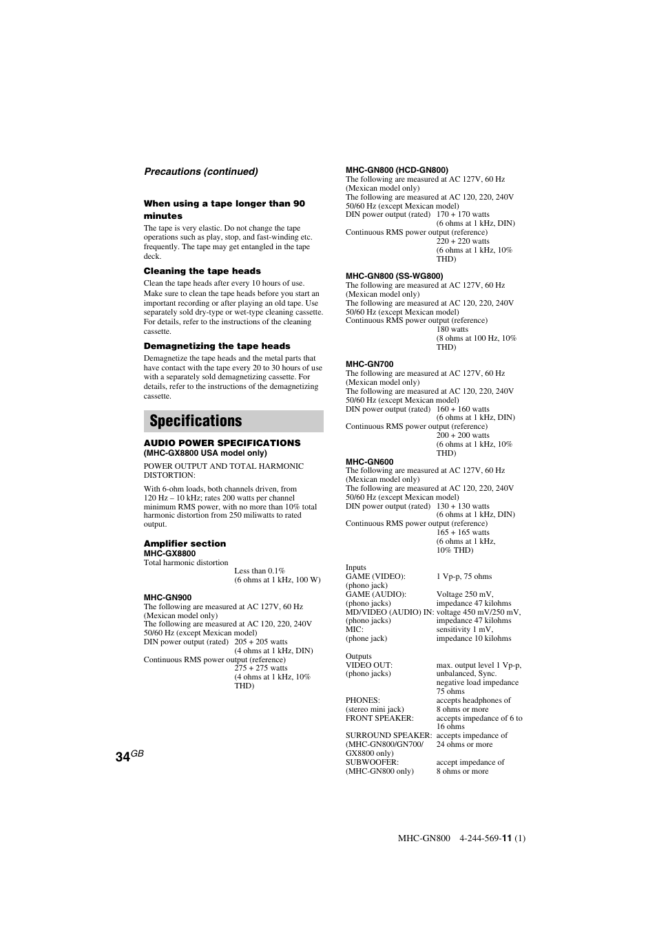 Specifications | Sony MHC-GX8800 User Manual | Page 34 / 36