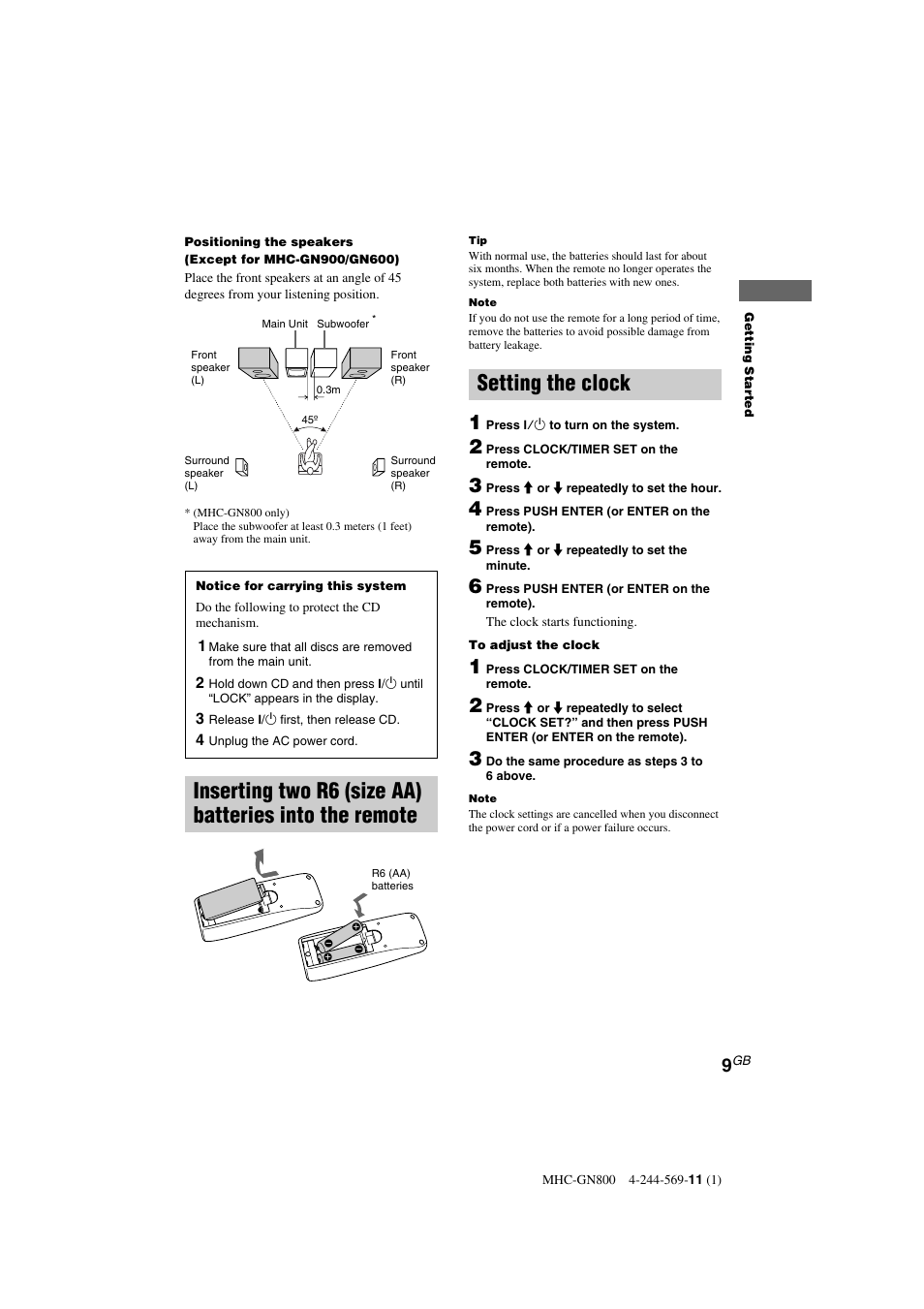 Setting the clock | Sony MHC-GX8800 User Manual | Page 9 / 36