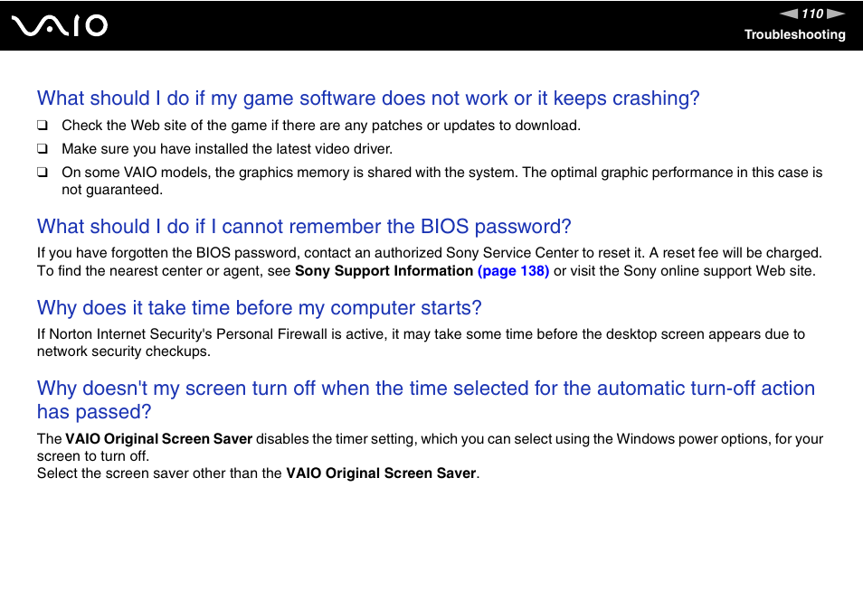 Why does it take time before my computer starts | Sony VGN-N320E User Manual | Page 110 / 154
