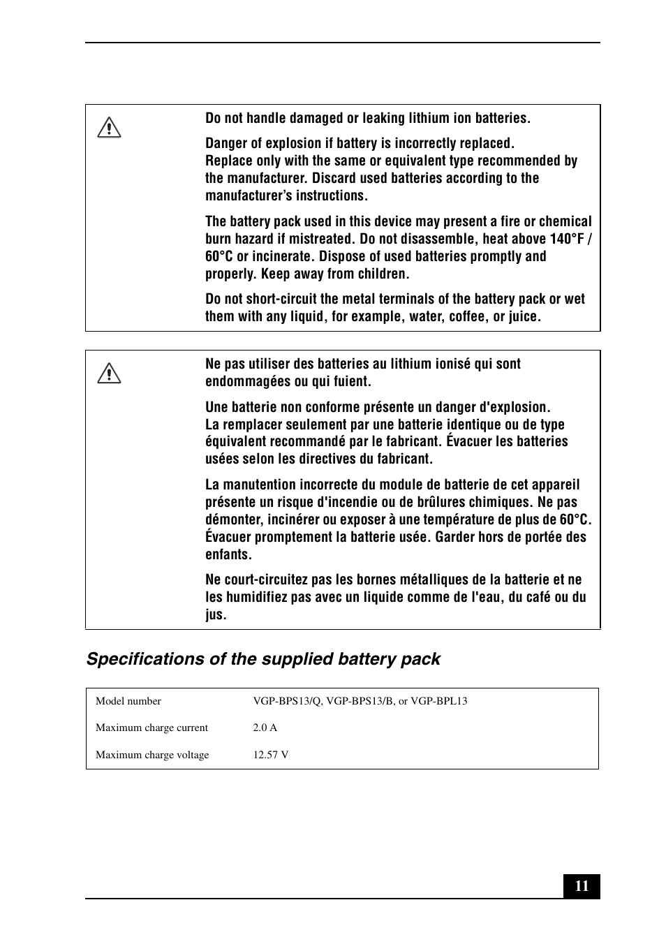 Specifications of the supplied battery pack | Sony VPCCW2NFX User Manual | Page 11 / 24