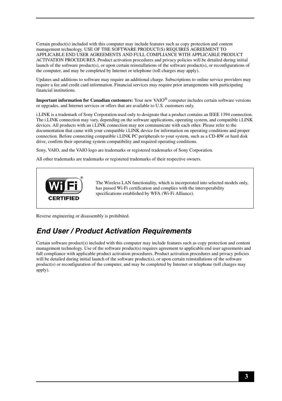 End user / product activation requirements | Sony VPCCW2NFX User Manual | Page 3 / 24