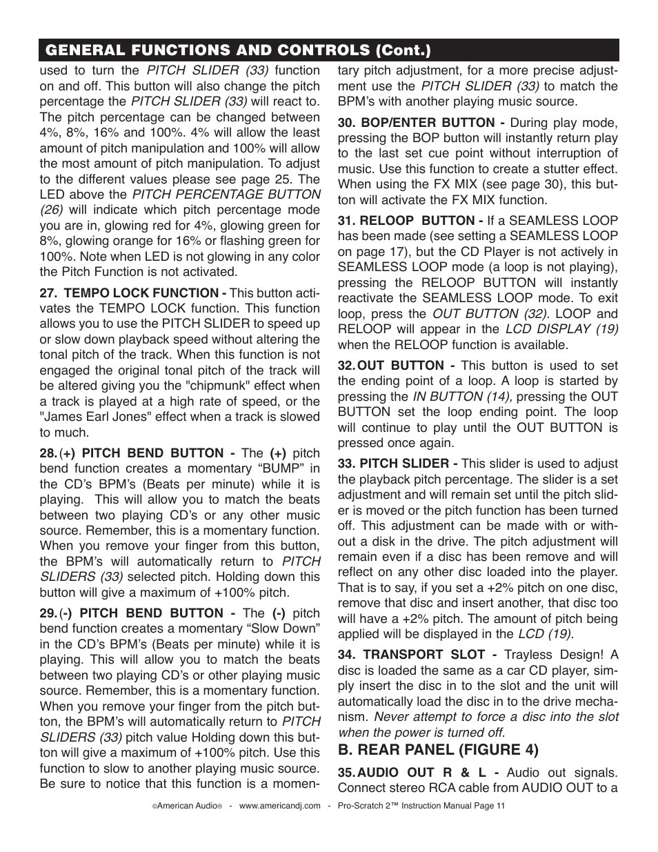 General functions and controls (cont.), B. rear panel (figure 4) | American Audio Pro-Scratch 2 User Manual | Page 11 / 36