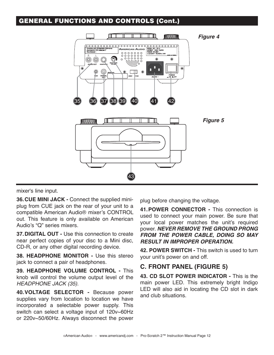 General functions and controls (cont.), C. front panel (figure 5), Figure 5 43 | American Audio Pro-Scratch 2 User Manual | Page 12 / 36