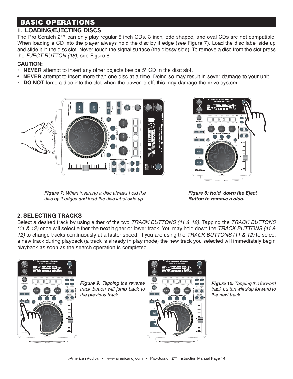 Basic operations, Loading/ejecting discs, Selecting tracks | Off on, On/off, American audio | American Audio Pro-Scratch 2 User Manual | Page 14 / 36