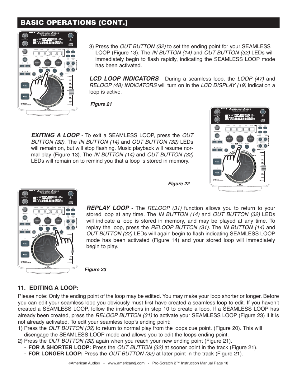 Basic operations (cont.), Editing a loop, Lcd loop indicators | Exiting a loop, Replay loop, Off on, On/off, American audio | American Audio Pro-Scratch 2 User Manual | Page 18 / 36