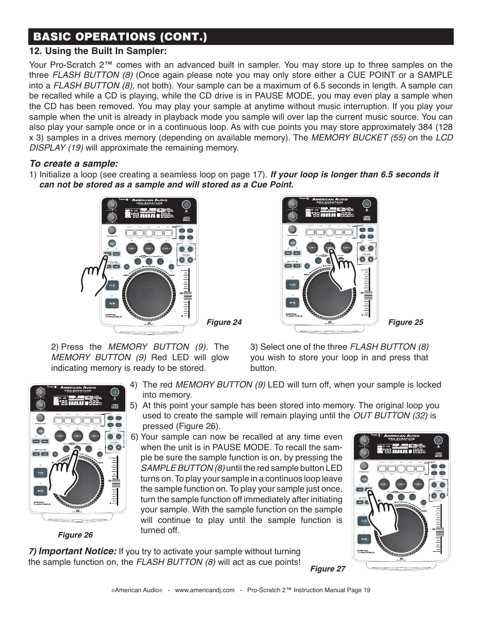 Basic operations (cont.), Using the built in sampler, Important notice | Figure 27, Off on, On/off, American audio | American Audio Pro-Scratch 2 User Manual | Page 19 / 36