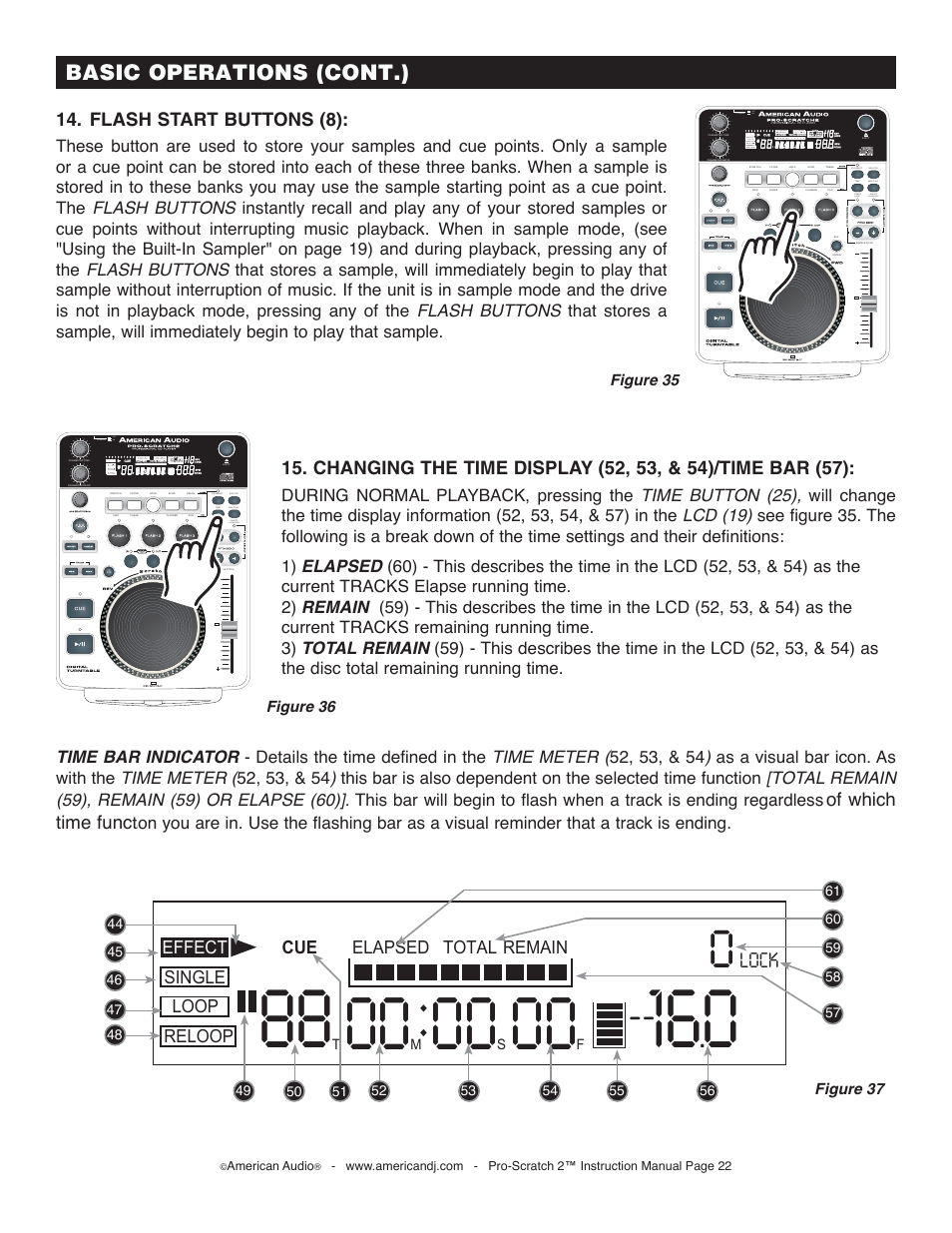 Basic operations (cont.), Flash start buttons (8), Of which time func | Effect elapsed single total remain cue, Loop reloop, Lock, Figure 35, Figure 36 figure 37, Off on, On/off | American Audio Pro-Scratch 2 User Manual | Page 22 / 36