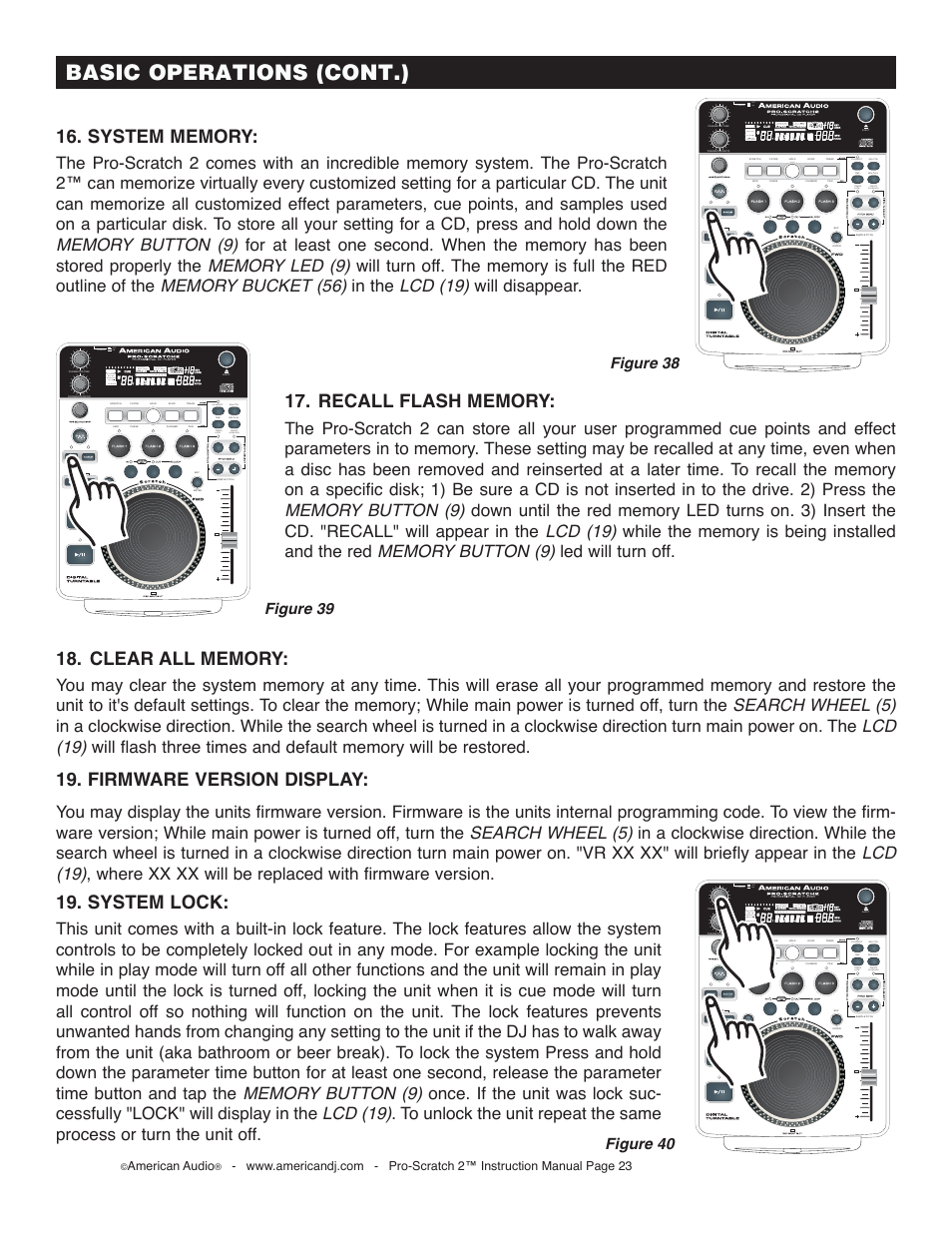 Basic operations (cont.), System lock, Firmware version display | Off on, On/off, American audio | American Audio Pro-Scratch 2 User Manual | Page 23 / 36