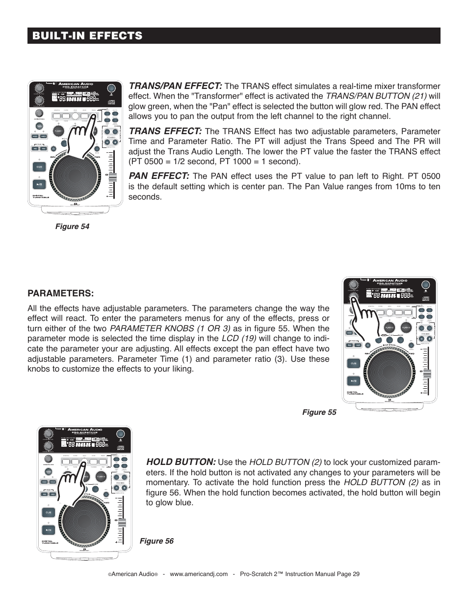 Built-in effects, Hold button, Parameters | Trans/pan effect, Trans effect, Pan effect, Figure 54 figure 56, Figure 55, Off on, On/off | American Audio Pro-Scratch 2 User Manual | Page 29 / 36