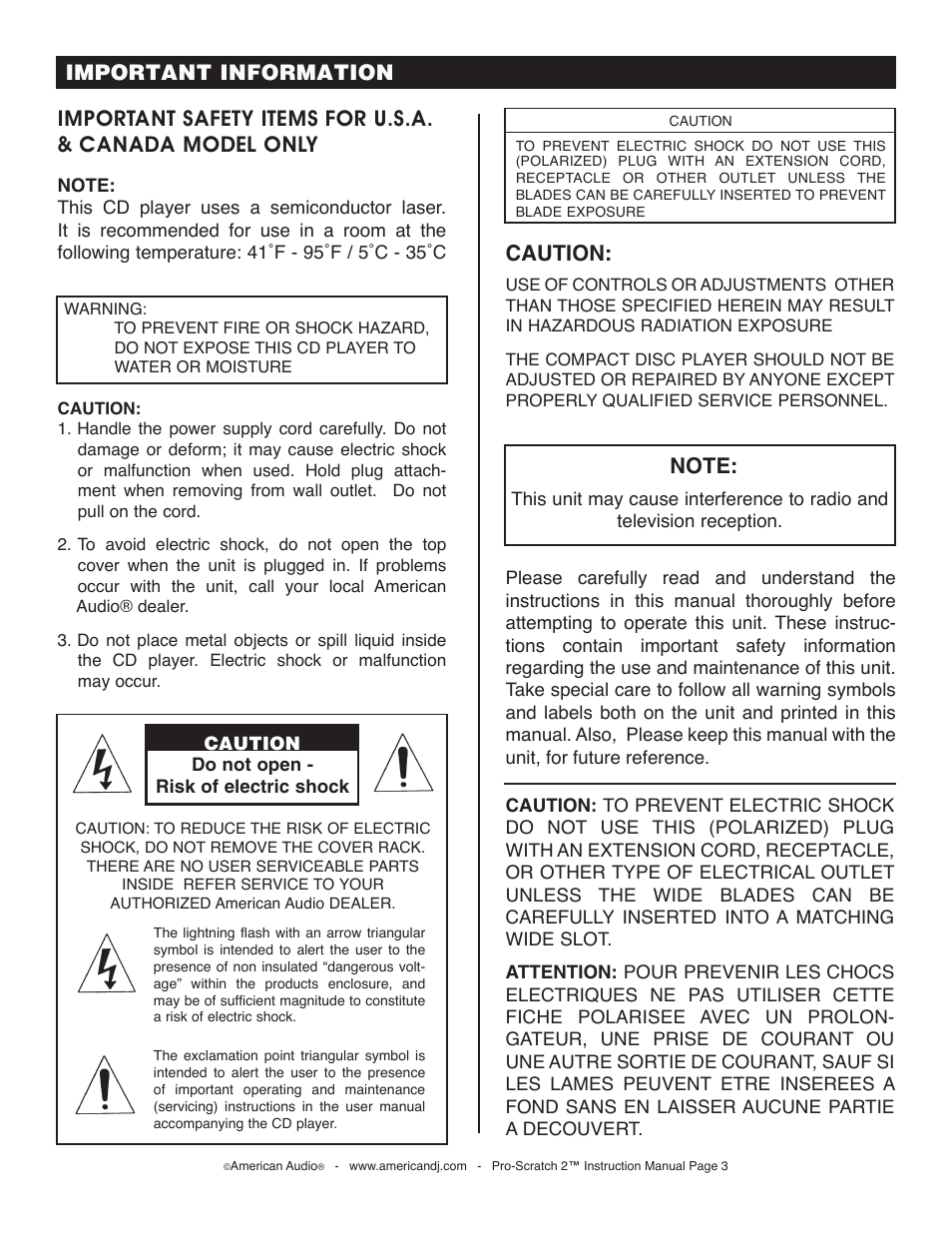 Caution, Important information | American Audio Pro-Scratch 2 User Manual | Page 3 / 36