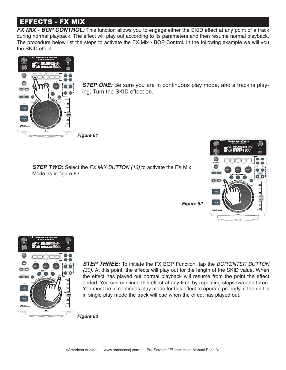 Effects - fx mix, Fx mix - bop control, Step two | Step three, Off on, On/off, American audio | American Audio Pro-Scratch 2 User Manual | Page 31 / 36