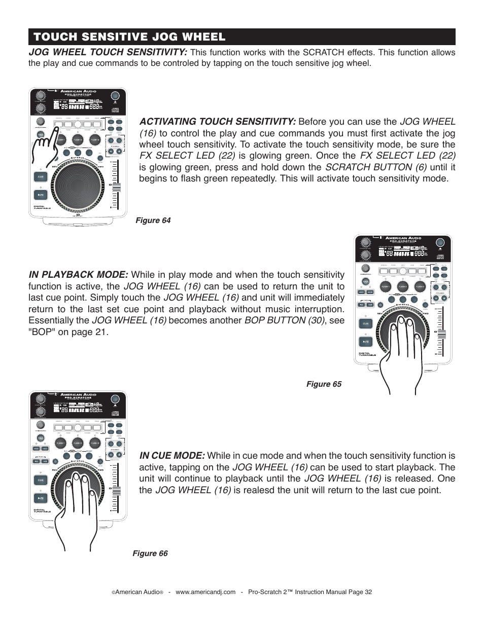 Touch sensitive jog wheel, Jog wheel touch sensitivity, Off on | On/off, American audio | American Audio Pro-Scratch 2 User Manual | Page 32 / 36