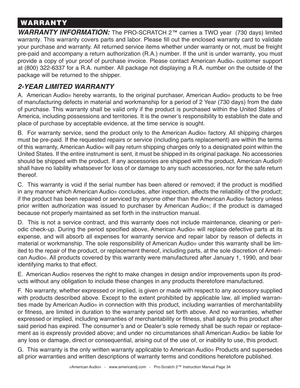 Warranty information, Year limited warranty, Warranty | American Audio Pro-Scratch 2 User Manual | Page 34 / 36