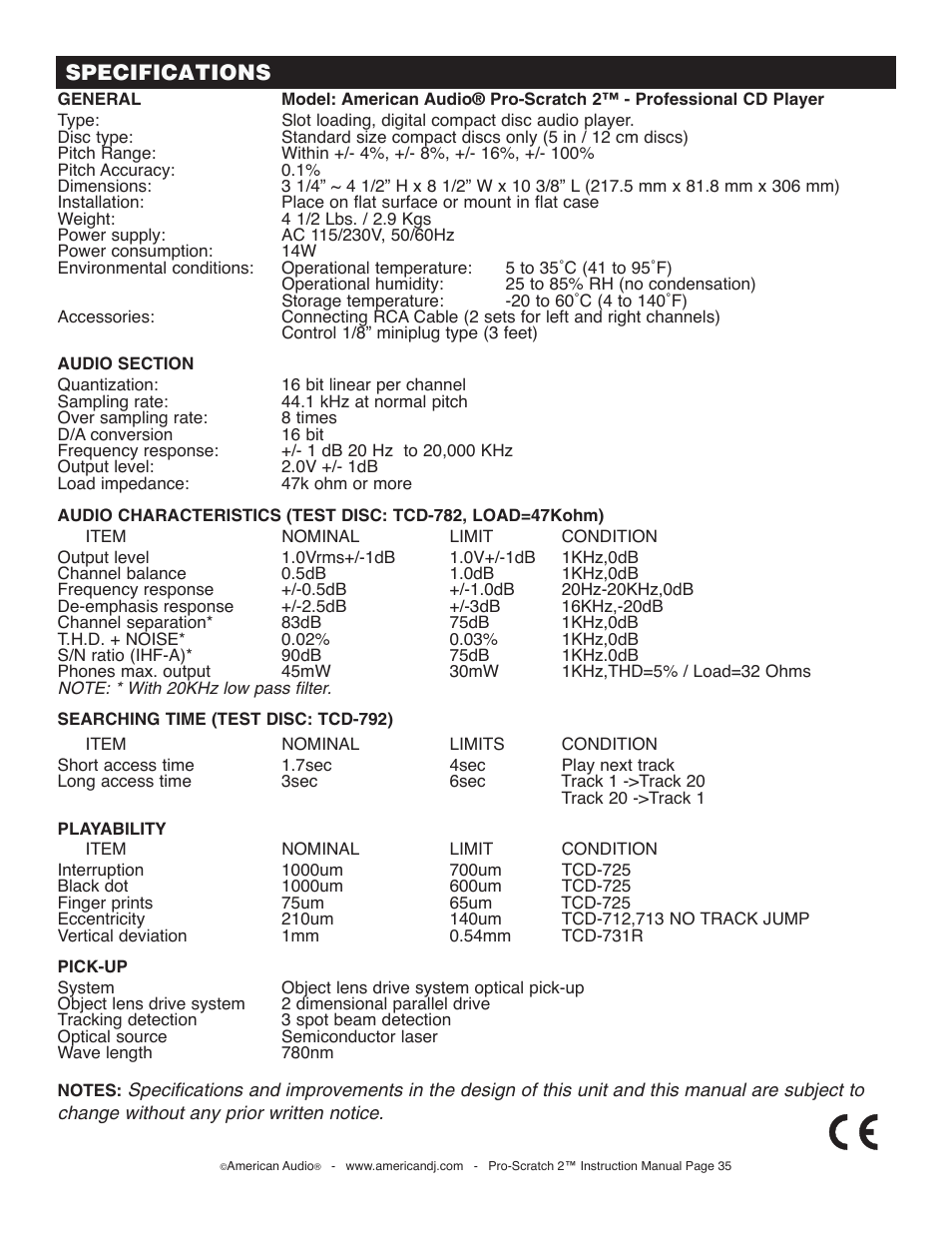 Specifications | American Audio Pro-Scratch 2 User Manual | Page 35 / 36