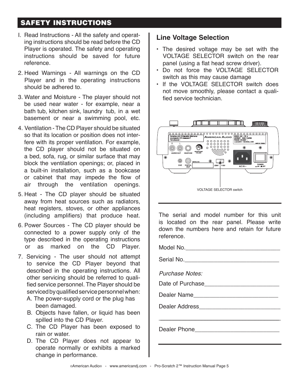 Safety instructions, Line voltage selection, C. the cd player has been exposed to rain or water | American Audio Pro-Scratch 2 User Manual | Page 5 / 36