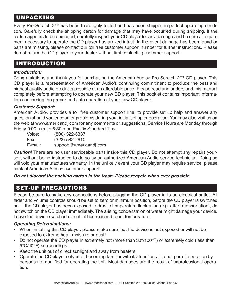 Introduction unpacking, Set-up precautions | American Audio Pro-Scratch 2 User Manual | Page 6 / 36