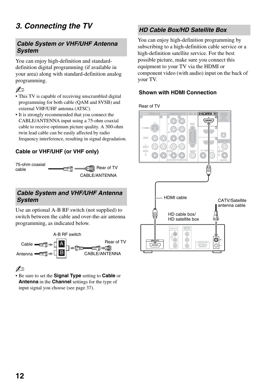 Connecting the tv, Cable system or vhf/uhf antenna system, Cable system and vhf/uhf antenna system | Hd cable box/hd satellite box, Cable system or vhf/uhf antenna, System, Cable system and vhf/uhf antenna, 12 3. connecting the tv, Shown with hdmi connection | Sony KDL-46W4150 User Manual | Page 12 / 48